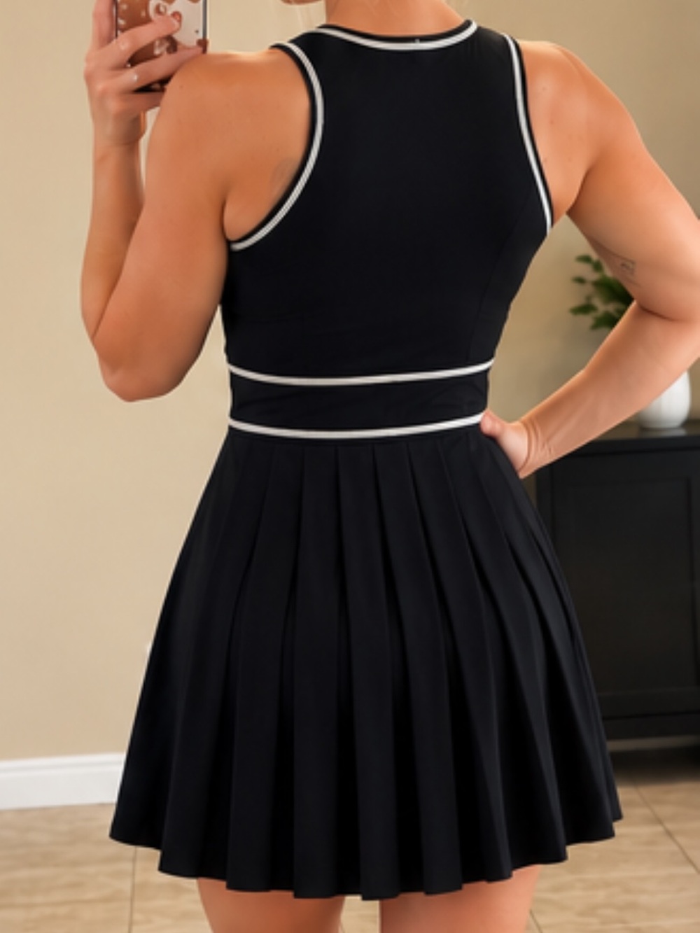 Athleta Black Sleeveless Pleated Tennis Dress with White Trim